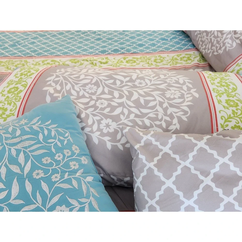 5 Pc Reversible King Comforter Set Floral Vine & Lattice Blue Gray Design